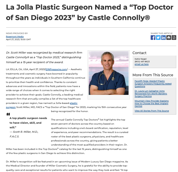 San Diego Plastic Surgeon Honored By Castle Connolly as a Top Doctor 2023